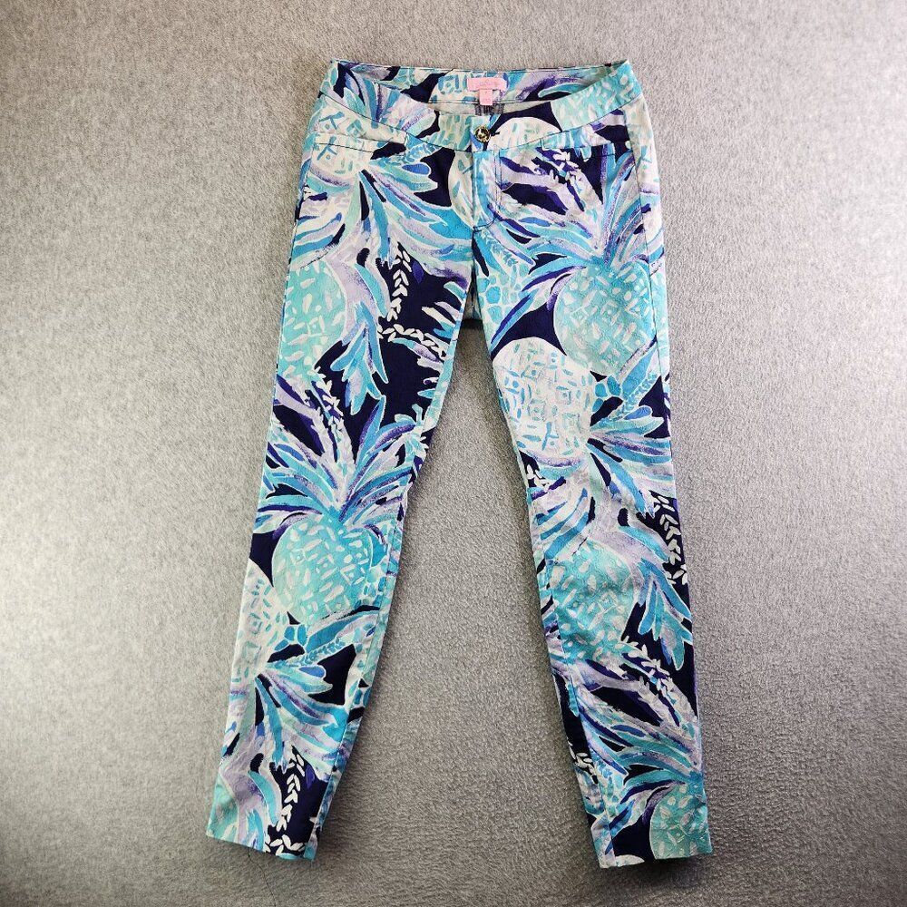 Lilly Pulitzer Pants Womens 2 Blue Pineapple Print Kelly Skinny Ankle Resortwear